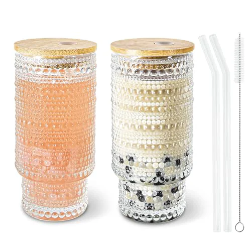 Powerful 16 oz Hobnail Glass Cups with Lids and Straws Drinking Glasses of 2 2 Count Elite