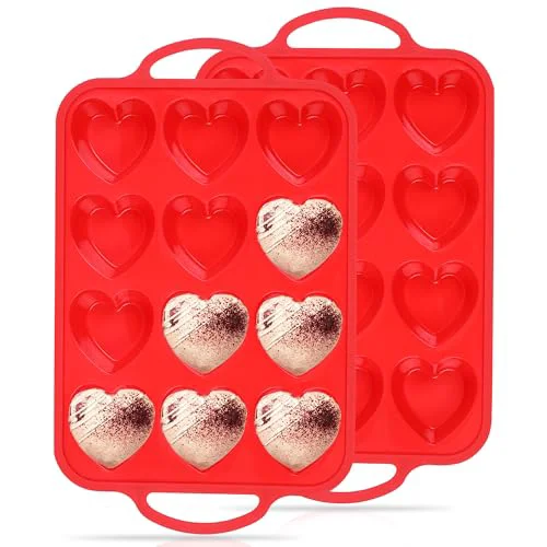 Healthy 2 Pcs Heart Shaped Muffin Pan with Metal Reinforced Frame 12 Cup Nonstick Silicone Heart Cake Mold for Baking 2.5 Inch Cupcake Tray Relaxed