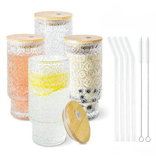 Stylish Glass Cups with Lids and Straws 16 oz Begonia Drinking Glasses Set 4 Count Genuine