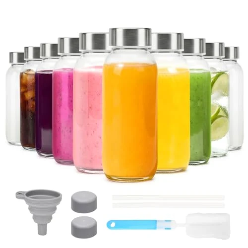 Recyclable Glass Juice Bottles with Lid 12 oz Traditional
