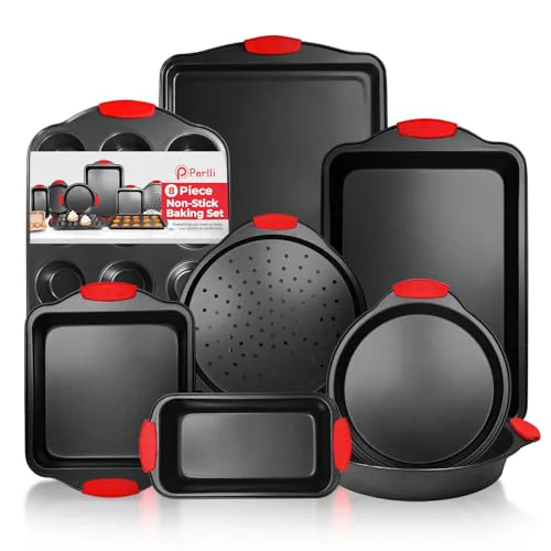 Soft Non-Stick 8-Piece Baking Pan Set BPA- Carbon Steel Bakeware Set with Silicone Handles Stackable Kitchen Oven Set Cookie Sheet Baking Tray Baking Sheet Set Oven Safe 446°F 8 Count Fine