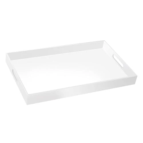 Secure 18×16 Inch Glossy White Acrylic Serving Tray with Handles Extra Large Ottoman Tray Decorative Tray Spill Contemporary