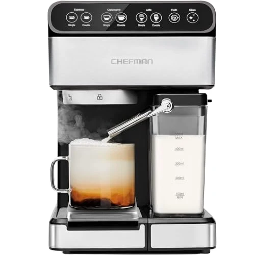 Luxury 6-in-1 Espresso Machine with Built-In Milk Frother 15-BAR Pump Digital Display One-Touch Single or Double Shot for Cappuccinos and Lattes XL 1.8-L Water Reservoir Stainless Steel Traditional