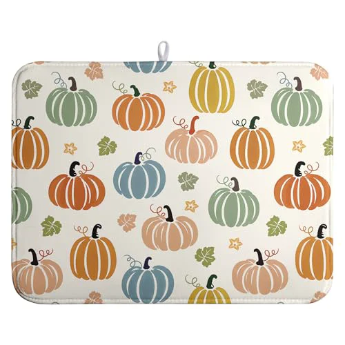 Effective Fall Pumpkin Dish Drying Mats Thanksgiving Dish Mat Autumn Maple Leaves Drying Matt Dishes Dryer Pad for Kitchen Counter Absorbent Microfiber Washable Foldable Reusable 18x24 in Modern