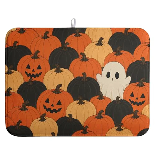 Organic Halloween Spooky Pumpkin Dish Drying Mats Cute Ghost Dish Mat Fall Drying Matt Dishes Dryer Pad for Kitchen Counter Absorbent Microfiber Washable Foldable Reusable 18x24 in High-Grade