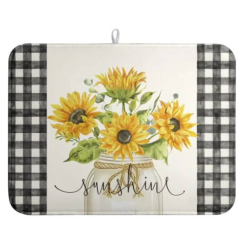 Certified Summer Sunflower Dish Drying Mats for Kitchen Counter Spring Sunshine Kitchen Dishes Dryer Pad Flowers Absorbent Dish Mat Microfiber Washable Foldable Reusable Large 18x24 in Advanced
