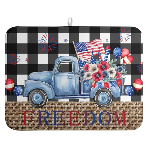Green 4th of July Buffalo Plaid Dish Drying Mat Patriotic Large Kitchen Mat Dish Drying Pad Absorbent Dish Dryer Mat for Kitchen Countertops Microfiber Drainer Pad Dish Drying Rack Mat Safe