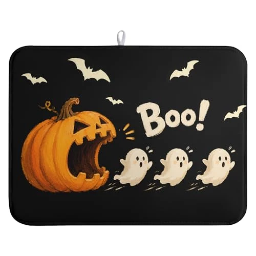 Prestigious Halloween Ghost Dish Drying Mats Spooky Pumpkin Dish Mat Bat Drying Matt Dishes Dryer Pad for Kitchen Counter Absorbent Microfiber Washable Foldable Reusable 18x24 in Powerful