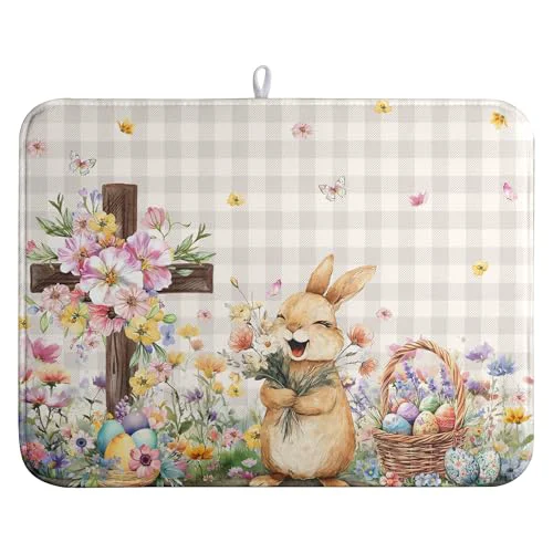 Long-Lasting Easter Bunny Dish Drying Mats Spring Floral Dish Mat Easter Cross Eggs Drying Matt Dishes Dryer Pad for Kitchen Counter Absorbent Microfiber Washable Foldable Reusable 18x24 in Consistent