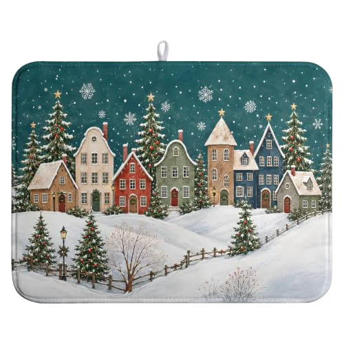 Optimized Winter Christmas Dish Drying Mats Xmas Forest House Dish Mat Snowflake Drying Matt Dishes Dryer Pad for Kitchen Counter Absorbent Microfiber Washable Foldable Reusable 18x24 in Lightweight