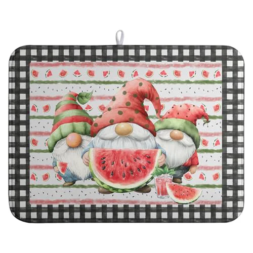 Recyclable Summer Gnomes Dish Drying Mat Watermelon Buffalo Plaid Large Kitchen Dish Drying Pad Absorbent Drying Mat for Countertops Dish Dryer Mat Microfiber Dishes Drainer Pad Dish Drying Rack Mat 18x24 in Professional