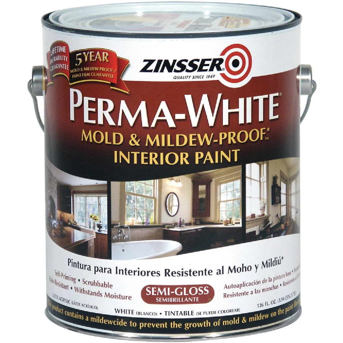Elite Zinsser Perma-White White-Tintable Semi-Gloss Gallon Mildew Paint Recyclable
