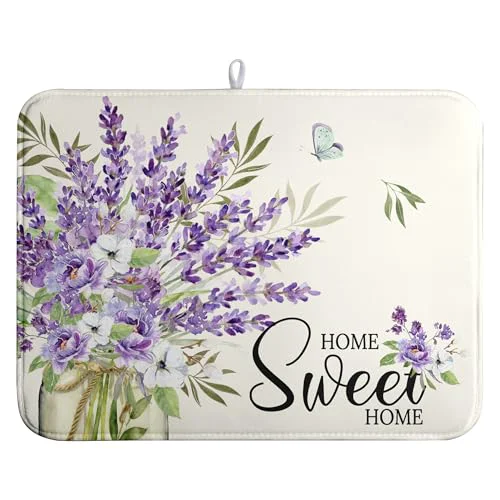 Proven Spring Lavender Floral Dish Drying Mats Spring Summer Dish Mat Purple Flowers Butterfly Drying Matt Dishes Dryer Pad for Kitchen Counter Absorbent Microfiber Washable Foldable Reusable 18x24 in Modern