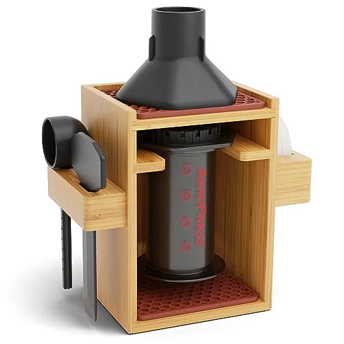 Safe Organizer Stand for AeroPress Bamboo Coffee Caddy Compact Brown Detailed