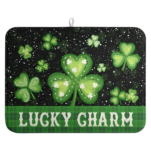 Functional St Patricks Day Spring Dish Drying Mats St Patrick's Day Lucky Dish Mat Shamrock Drying Matt Dishes Dryer Pad for Kitchen Counter Absorbent Microfiber Washable Foldable Reusable 18x24 in Premium Material
