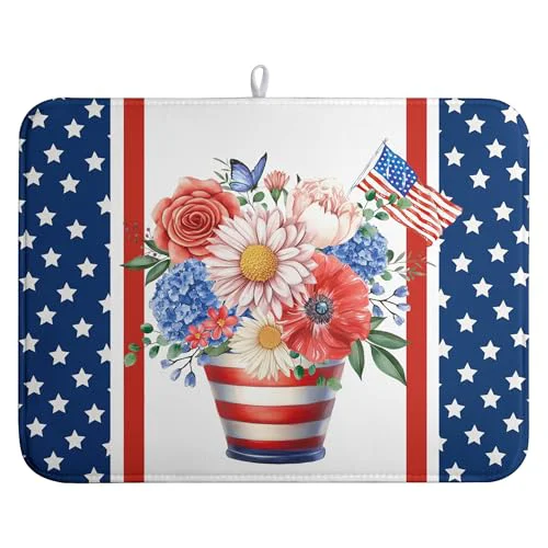 Proven Patriotic Floral Summer Dish Drying Mats 4th of July Butterfly Flowers Dish Mat Kitchen Large Drying Matt Dishes Dryer Pad for Kitchen Counter Absorbent Microfiber Washable Foldable Reusable 18x24 in Exclusive