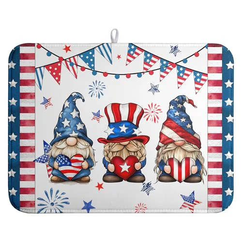 Flexible 4th of July Gnomes Dish Drying Mat Patriotic Gnome Large Kitchen Mat Dish Drying Pad Absorbent Dish Dryer Mat for Kitchen Countertops Microfiber Drainer Pad Dish Drying Rack Mat Genuine