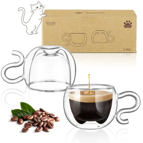 Green 4.4 Oz Cute Cat Double Wall Glasses Espresso Cups Set of 2 2 Count Solid