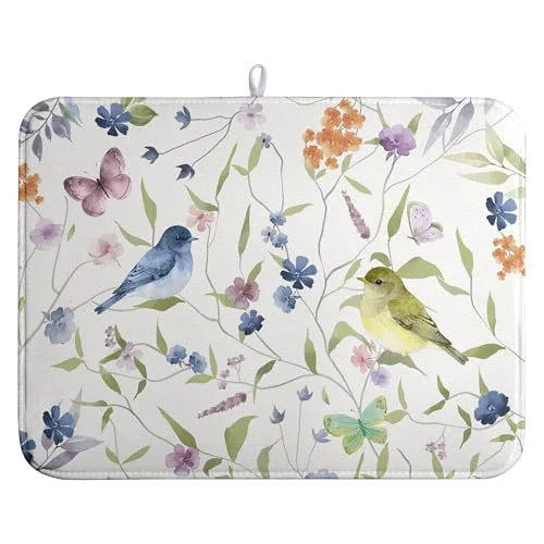 Next-Generation Spring Floral Birds Dish Drying Mats Spring Summer Dish Mat Green Leaf Butterfly Drying Matt Dishes Dryer Pad for Kitchen Counter Absorbent Microfiber Washable Foldable Reusable 18x24 in Efficient