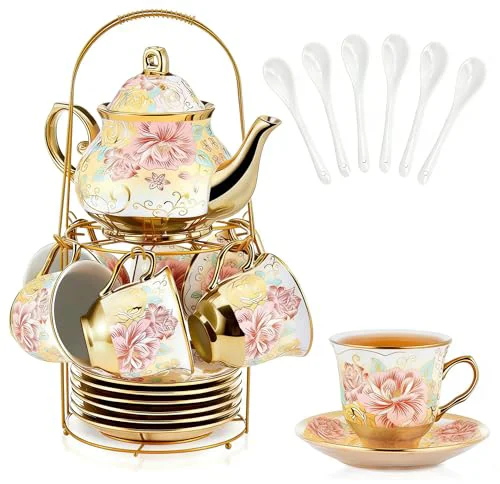High-End 20 Pcs Porcelain Tea Set with Metal Holder 20 Count Carefully Designed