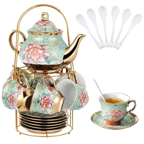 Certified 20 Pcs Porcelain Tea Set with Metal Holder 20 Count Sustainable