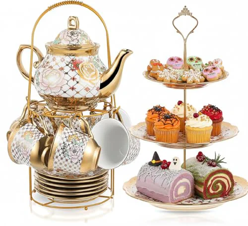 Fine 21 Pcs Porcelain Tea Set for Women Tea Party with Metal Holder and 3 Tier Cake Stand Ceramic European Floral Teapot Set for Adults Mother's Day Christmas Thoughtful Gift Certified