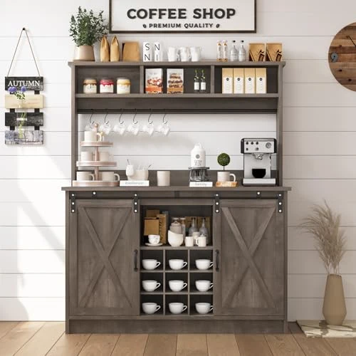 Selected 47 Farmhouse Coffee Bar with Storage Hutch Wine Rack High-Performance