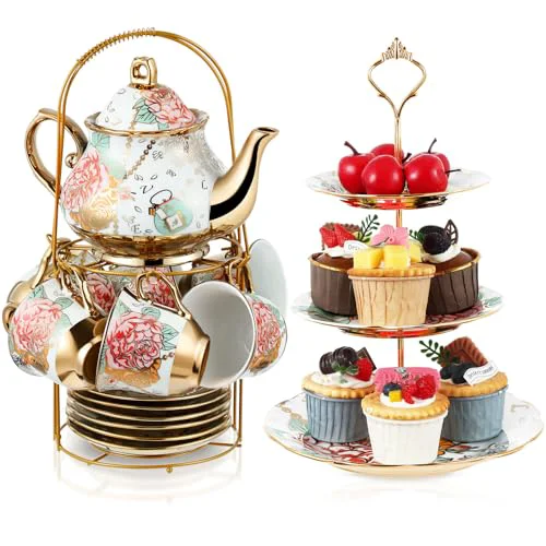Top-Quality 21 Pcs Porcelain Tea Set for Women Tea Party with Metal Holder and 3 Tier Cake Stand Ceramic European Floral Teapot Set for Adults Mother's Day Christmas Thoughtful Gift Certified