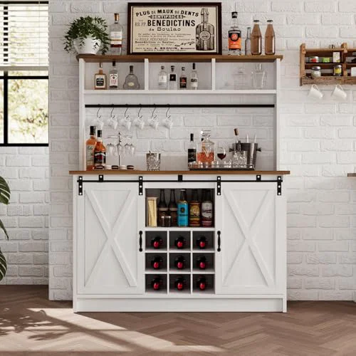Breathable 47 Farmhouse Coffee Bar with Storage Hutch Wine Rack Selected
