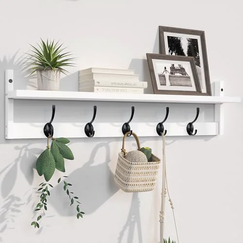 Solid Wall Mounted Wood Shelf with 5 Dual Hooks for Bathroom Fast