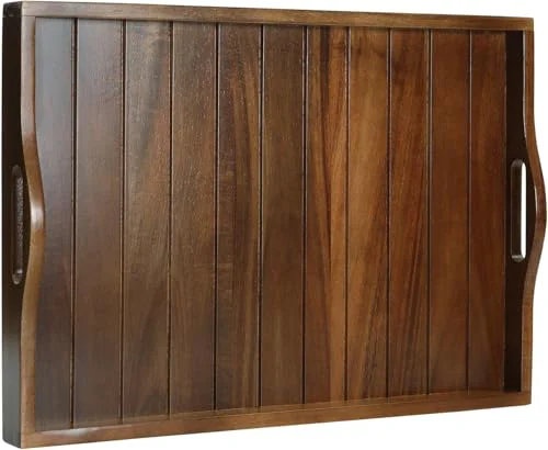 Excellent Large Acacia Wooden Serving Tray with Handles 20 x 14 inch Decorative Coffee Table Ottoman Tray for Living Room Extra Large for Kitchen Dinner Food Bar Breakfast in Bed Fine Crafted