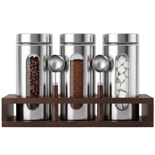Durable Stainless Steel Coffee Grounds Canisters Container with Shelf 3 Count Convenient