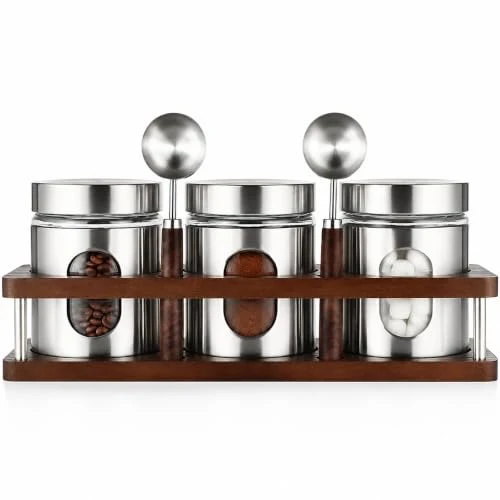 Reliable Stainless Steel Coffee Grounds Canisters with Shelf 3 x 20oz Sugar Coffee Bean Storage Container with Airtight Threaded Lid Glass Window Scoop Kitchen Jar Set for Bar Creamer Nut Tea 3 Count Elegant