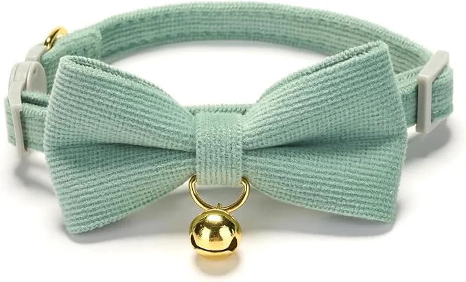 Classic Soft Corduroy Cat Collar with Bell and Bowtie Safety Breakaway Clasp Powerful