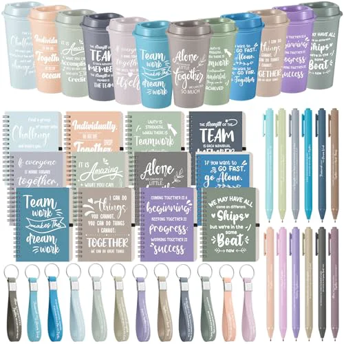 Elite 12 Set 48 Pcs Team Appreciation Gift Set Inspirational Employee Appreciation Gift Bulk 16 oz Coffee Cups with Team Notebook Pen Keychains for Staff Teacher 12 Count Dependable
