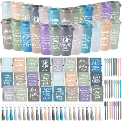Recyclable 24 Set 96 Pcs Team Appreciation Gift Set Inspirational Employee Appreciation Gift Bulk 16 oz Coffee Cups with Team Notebook Pen Keychains for Staff Teacher 24 Count Contemporary