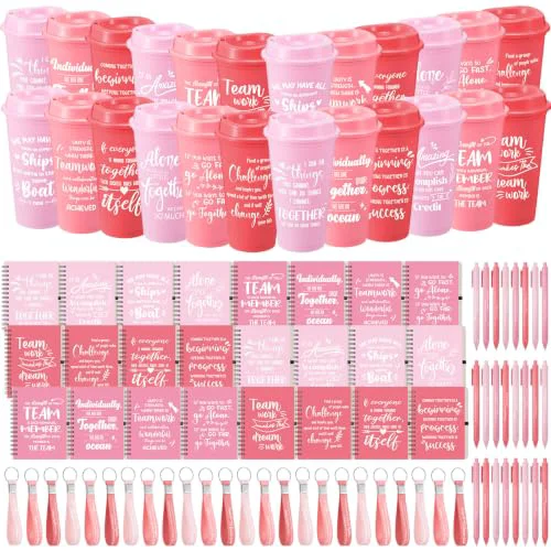 First-Class 24 Set 96 Pcs Team Appreciation Gift Set Inspirational Employee Appreciation Gift Bulk 16 oz Coffee Cups with Team Notebook Pen Keychains for Staff Teacher 24 Count World-Class