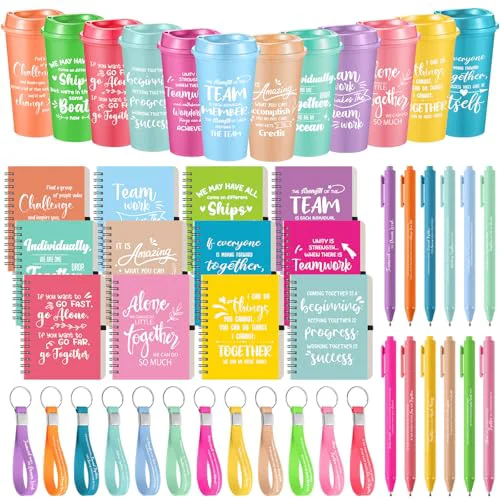 First-Class 12 Set 48 Pcs Team Appreciation Gift Set Inspirational Employee Appreciation Gift Bulk 16 oz Coffee Cups with Team Notebook Pen Keychains for Staff Teacher 12 Count Casual