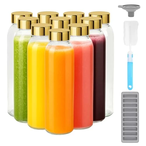 Powerful 18 oz Glass Juice Bottles with Gold Lids 10 Count Eco-Friendly