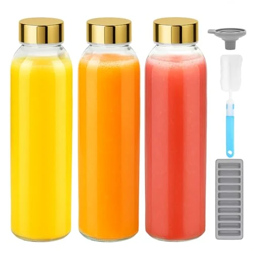 Lightweight 18 oz Glass Juice Bottles with Gold Lids 3 Count Sophisticated