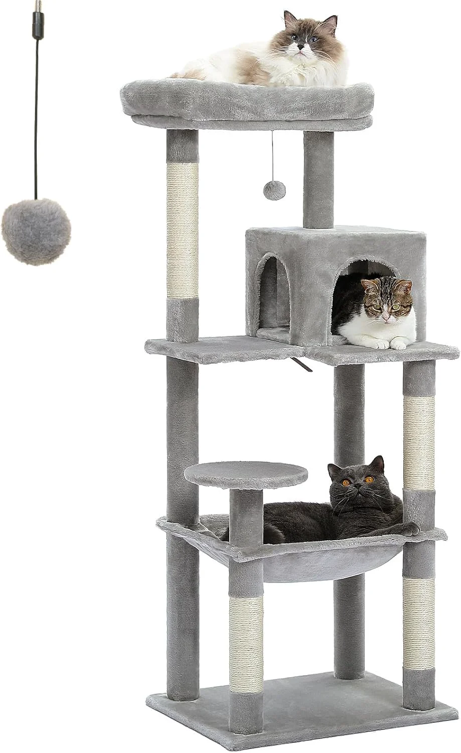 Convenient PETEPELA 56.3'' Tall Cat Tree for Indoor Cats Multi-Level Cat Tower with Super Large Hammock 20''X16'' Sisal Covered Scratching Posts Cozy Condo and Top Perch Grey Lightweight