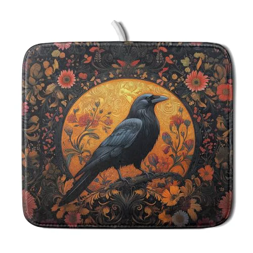 Premium Vintage Crow Dish Drying Mat 16 x18 Gothic Black Raven Boho Flowers Dish Drainer Mats Rustic Halloween Farmhouse Reversible Small Dish Drying Pad Protector for Kitchen Countertop Decor Refined