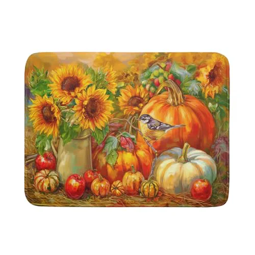 Excellent Vintage Fall Autumn Dish Drying Mat 18 x24 Large Rustic Pumpkin Sunflower Bird Dish Drainer Mats Thanksgiving Farmhouse Reversible Dish Drying Pad for Kitchen Countertop Dining Room World-Class