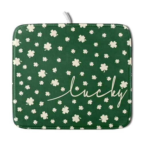 Practical St Patricks Day Dish Drying Mat Green Lucky Clovers Dish Drainer Mats 16 x18 Shamrock Holiday Microfiber Reversible Dish Drying Rack Pad Protector for Kitchen Countertop Small Decor Enhanced