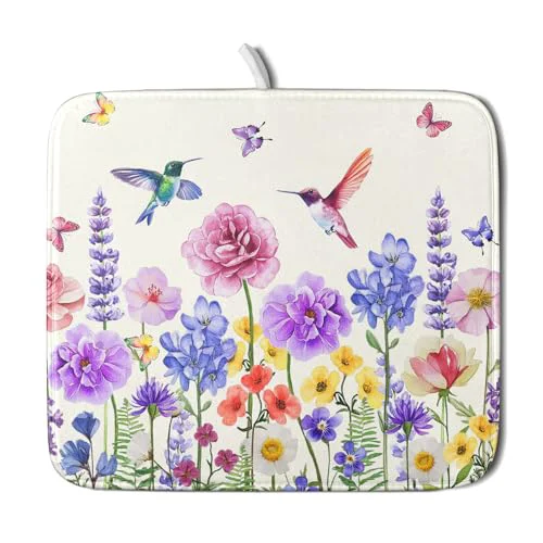 Reusable Hummingbird Flower Dish Drying Mat 16x18 inch Watercolor Spring Herb Floral Dish Drainer Mats Wildflower Plant Reversible Microfiber Dish Drying Pad for Kitchen Countertop Small Decor Effective