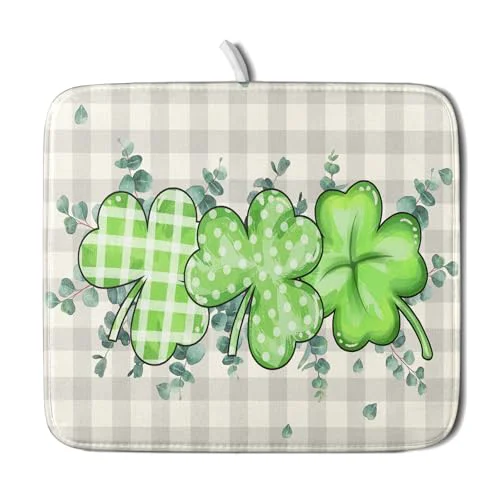 Professional Patrick Dish Drying Mat for Kitchen Green Clovers Grey Buffalo Plaids Dish Drainer Mats 16x18inch Spring Leaf Dish Drying Rack Pad Protector for Countertop Dining Holiday Decor Crafted