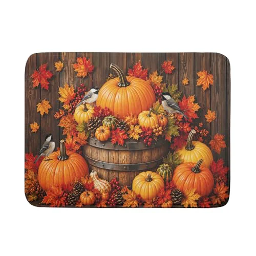 Exceptional Autumn Dish Drying Mat for Kitchen Countertop Fall Pumpkin Maple Leaf Birds Dish Drainer Mats 18x24inch Rustic Wood Board Grain Dish Drying Rack Pad Protector for Dining Seasonal Decor Certified