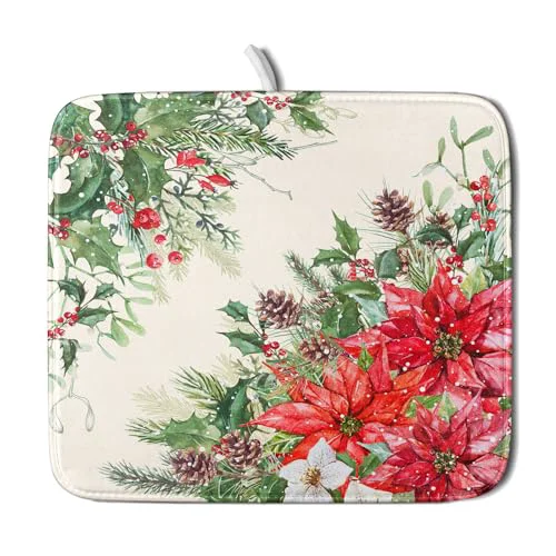 Enhanced Poinsettia Dish Drying Mat for Countertop 16 x18 Christmas Red Floral Winter Holly Berries Flowers Dish Drainer Mats Microfiber Dish Drying Pad Protector for Kitchen Home Decor Small Excellent