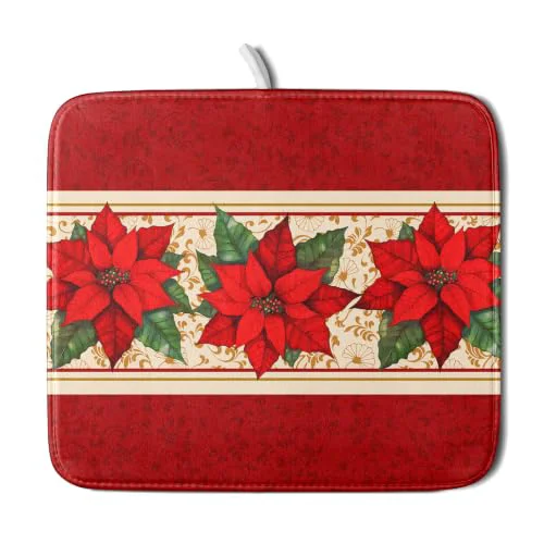 First-Class Poinsettia Flowers Dish Drying Mat 16 x18 Christmas Red Decorative Dish Drainer Mats Xmas Winter Floral Print Reversible Microfiber Dish Drying Rack Pad for Kitchen Countertop Sink Easy-to-Use