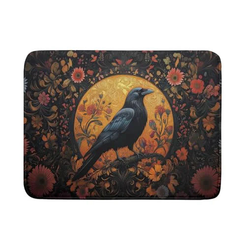 Effective Vintage Crow Dish Drying Mat 18 x24 Gothic Black Raven Boho Flowers Dish Drainer Mats Rustic Halloween Farmhouse Reversible Large Dish Drying Pad Protector for Kitchen Countertop Decor Next-Generation